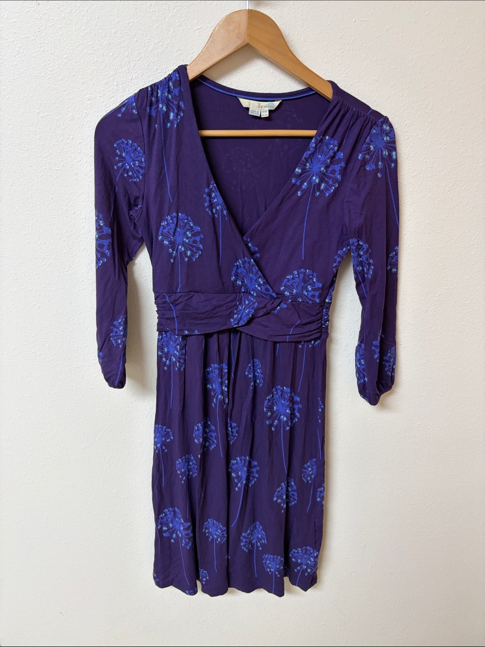 Boden Purple Wrap Dress with Blue Floral Print women’s size 6R